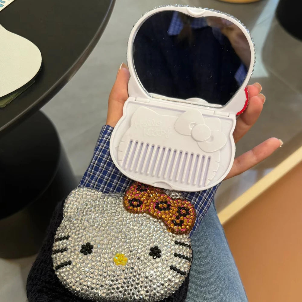 Hello Kitty Shiny Sticking Diamond Makeup Cartoon Lovely Mini Mirrors And Combs Combination Portable Trendy Gift Room Decoration