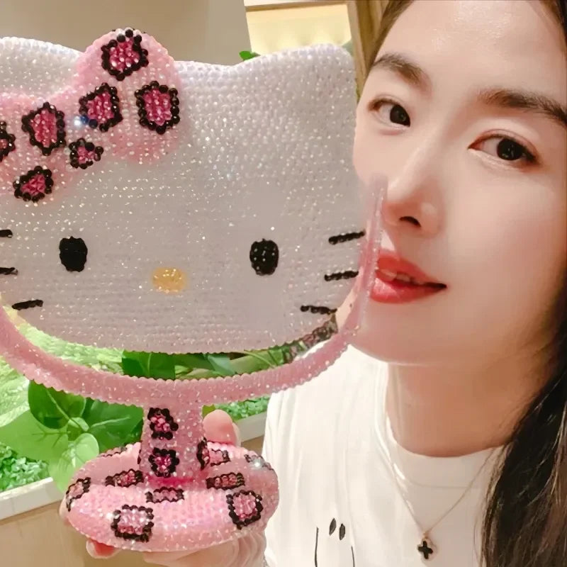 Kawaii Hello Kitty Vanity Mirror Cartoon Shiny Rhinestones Cute Beauty Handheld Mirror Diamond Pink Flip Lovely Birthday Gifts