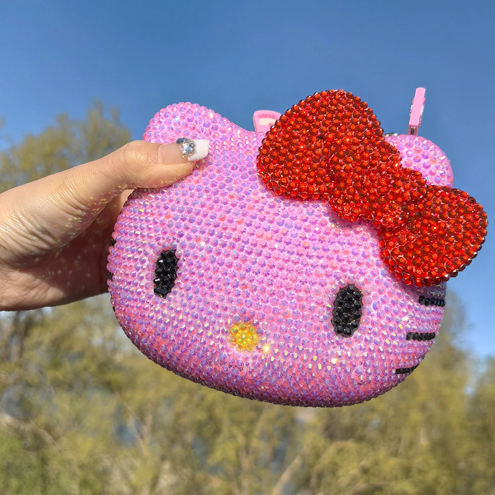 Hello Kitty Rhinestone Bling Leather Storage Case for Wired Headphones, Earphone, USB Cable, Cell Phones, Charger, Girl Gift Bag