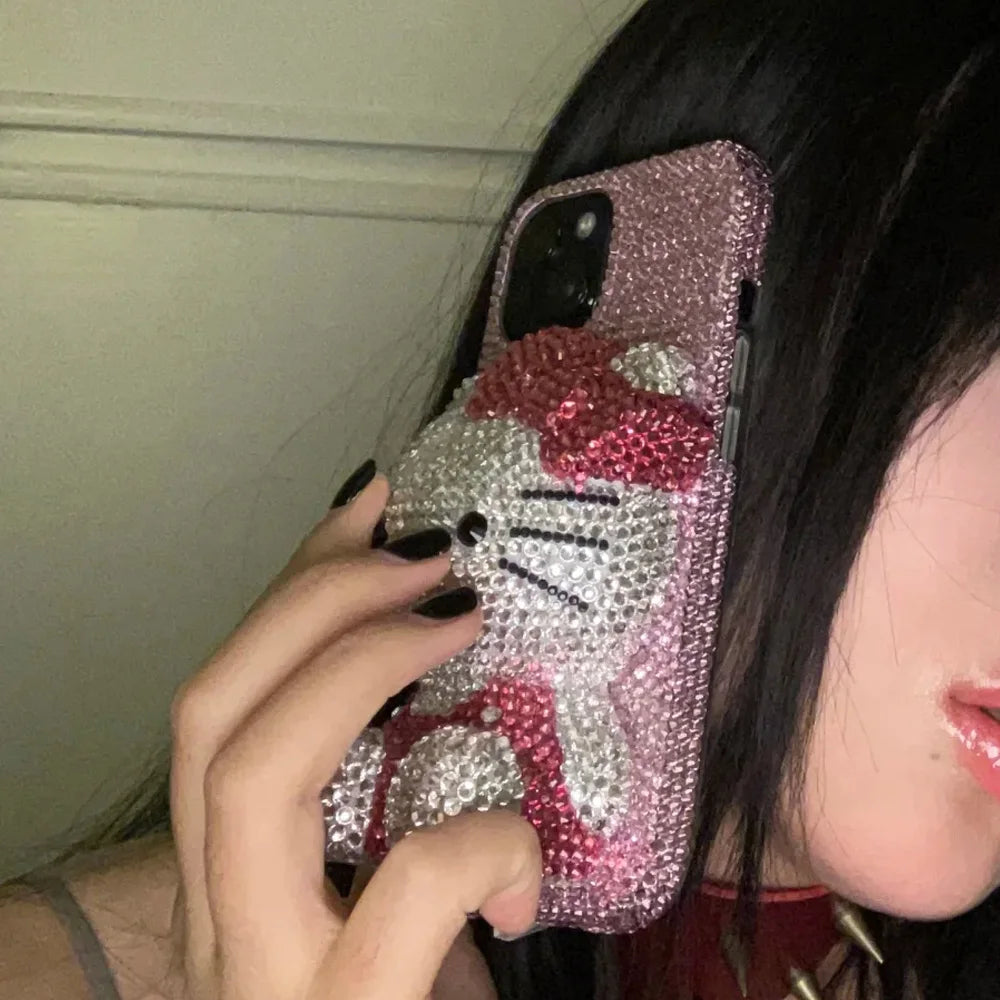 Hello Kitty Rhinestone Bling Crystal Phone Case Chain For iPhone17 16 15 14 13 12 11Pro Max X Xs XR 7 8 Plus Transparent Bumper