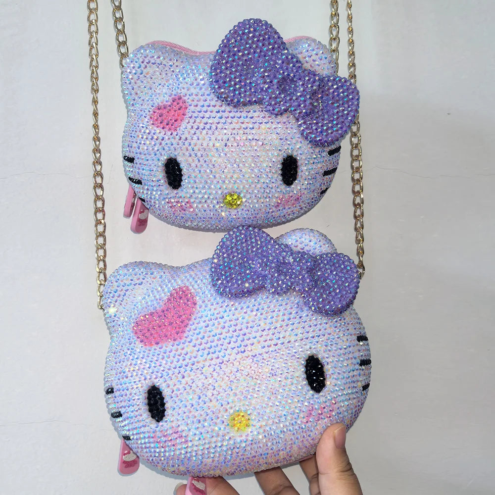 Hello Kitty Rhinestone Bling Leather Storage Case for Wired Headphones, Earphone, USB Cable, Cell Phones, Charger, Girl Gift Bag