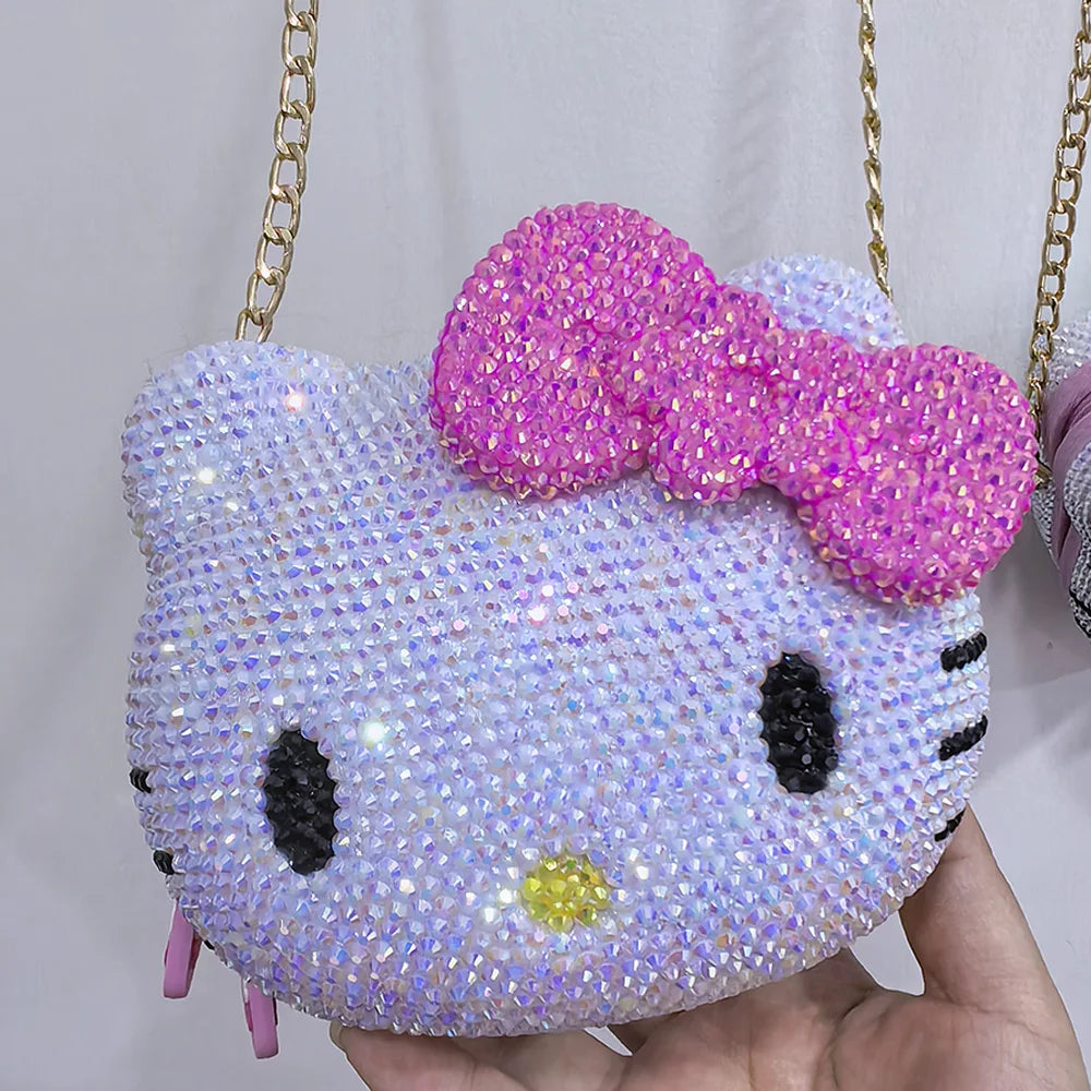 Hello Kitty Rhinestone Bling Leather Storage Case for Wired Headphones, Earphone, USB Cable, Cell Phones, Charger, Girl Gift Bag