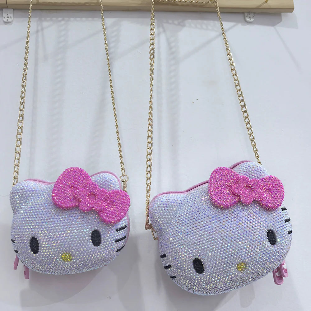 Hello Kitty Rhinestone Bling Leather Storage Case for Wired Headphones, Earphone, USB Cable, Cell Phones, Charger, Girl Gift Bag