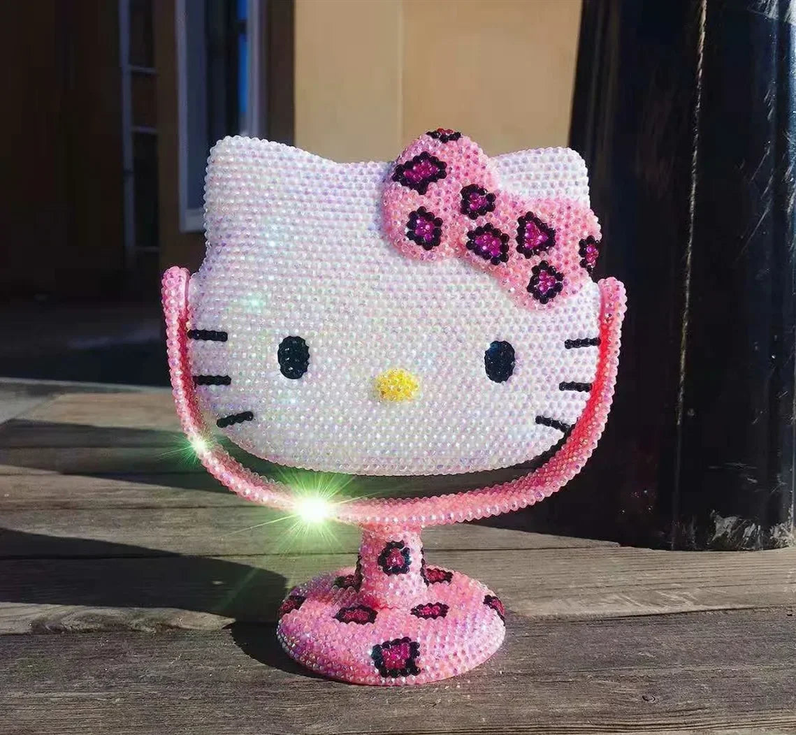 Kawaii Hello Kitty Vanity Mirror Cartoon Shiny Rhinestones Cute Beauty Handheld Mirror Diamond Pink Flip Lovely Birthday Gifts