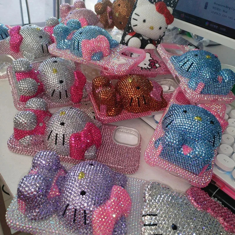 Hello Kitty Rhinestone Bling Crystal Phone Case Chain For iPhone17 16 15 14 13 12 11Pro Max X Xs XR 7 8 Plus Transparent Bumper