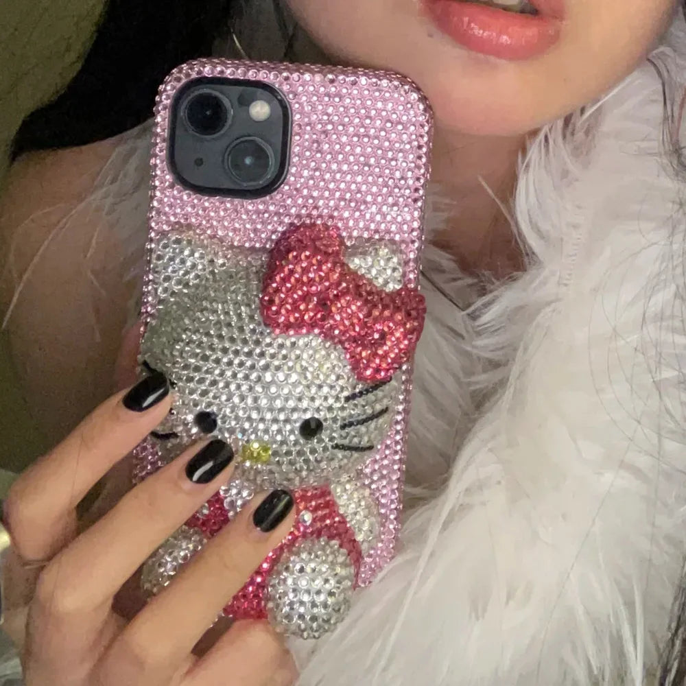 Hello Kitty Rhinestone Bling Crystal Phone Case Chain For iPhone17 16 15 14 13 12 11Pro Max X Xs XR 7 8 Plus Transparent Bumper