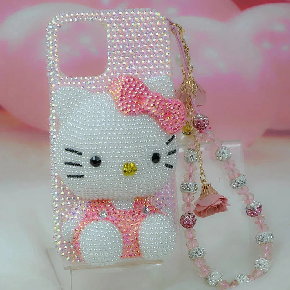Hello Kitty Rhinestone Bling Crystal Phone Case Chain For iPhone17 16 15 14 13 12 11Pro Max X Xs XR 7 8 Plus Transparent Bumper