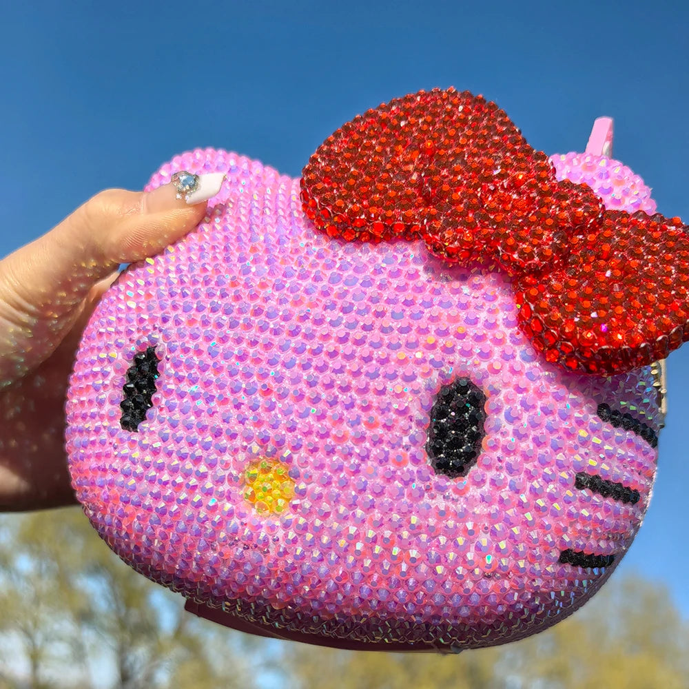 Hello Kitty Rhinestone Bling Leather Storage Case for Wired Headphones, Earphone, USB Cable, Cell Phones, Charger, Girl Gift Bag