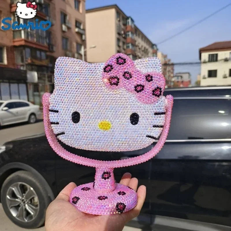 Kawaii Hello Kitty Vanity Mirror Cartoon Shiny Rhinestones Cute Beauty Handheld Mirror Diamond Pink Flip Lovely Birthday Gifts