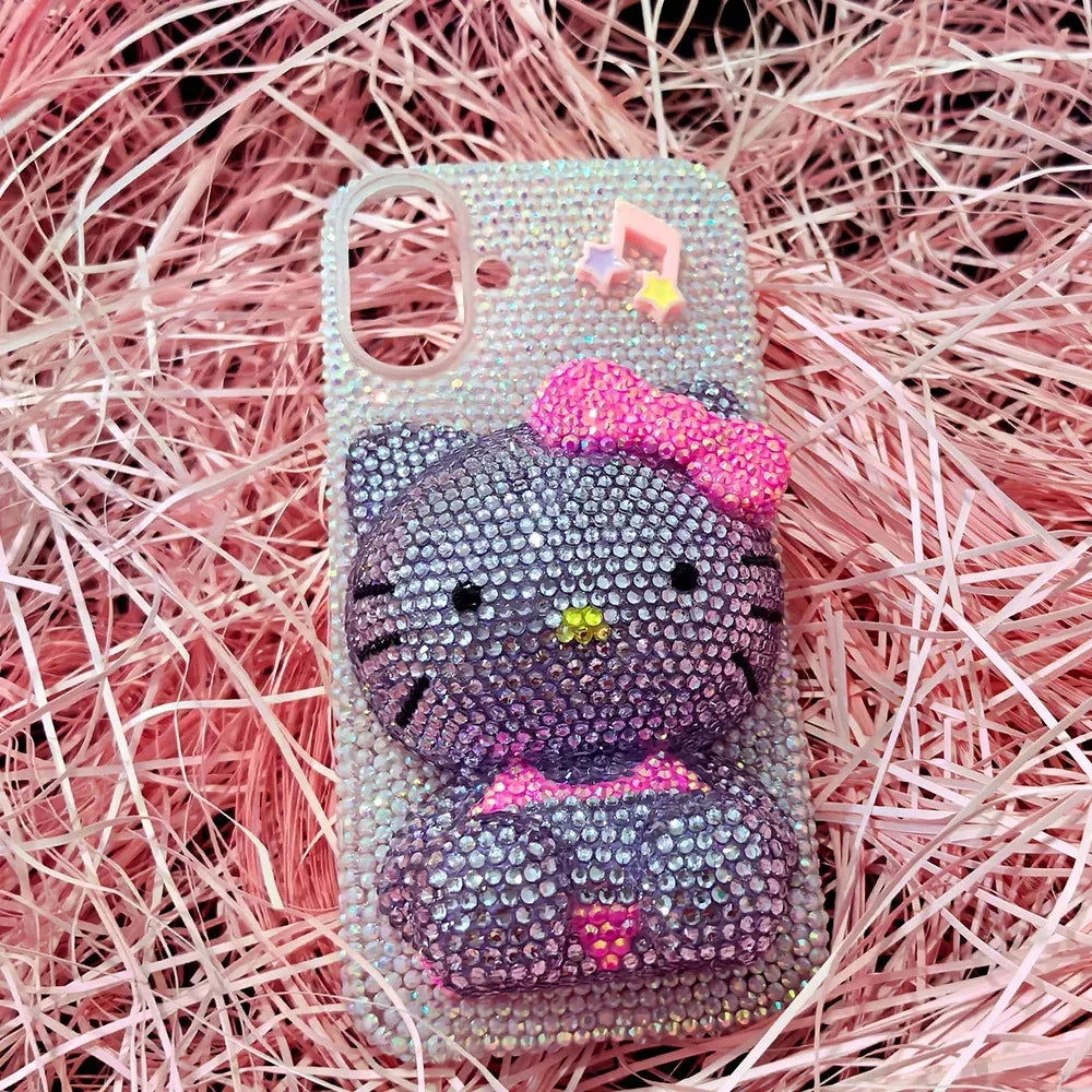 Hello Kitty Rhinestone Bling Crystal Phone Case Chain For iPhone17 16 15 14 13 12 11Pro Max X Xs XR 7 8 Plus Transparent Bumper