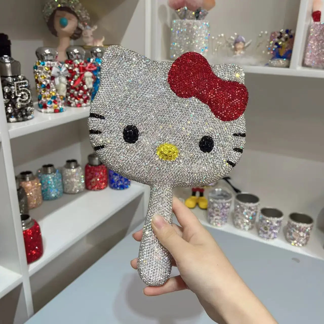 Hello Kitty Mirror Diamond Princess Handheld Makeup Mirror Finished Product for Girlfriend Birthday Gift Women Girls Accesorios