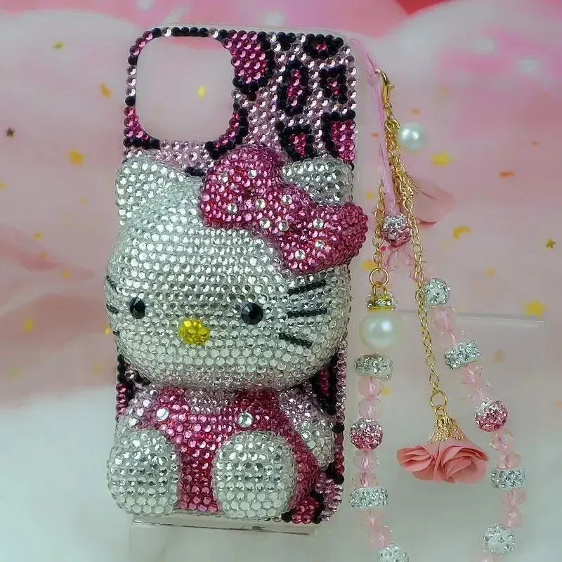 Hello Kitty Rhinestone Bling Crystal Phone Case Chain For iPhone17 16 15 14 13 12 11Pro Max X Xs XR 7 8 Plus Transparent Bumper