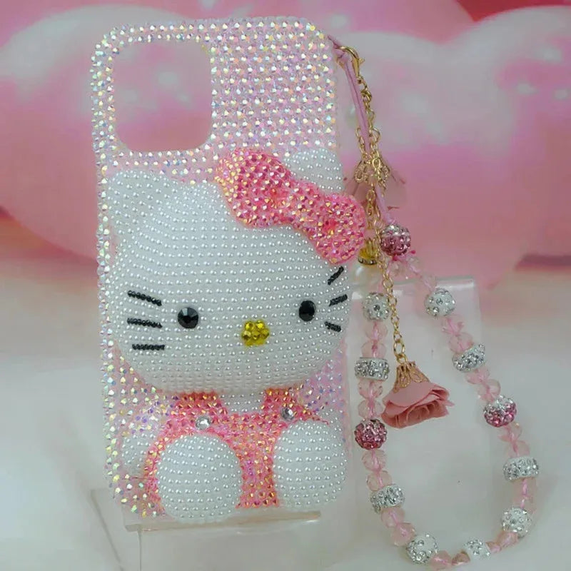 Hello Kitty Rhinestone Bling Crystal Phone Case Chain For iPhone17 16 15 14 13 12 11Pro Max X Xs XR 7 8 Plus Transparent Bumper