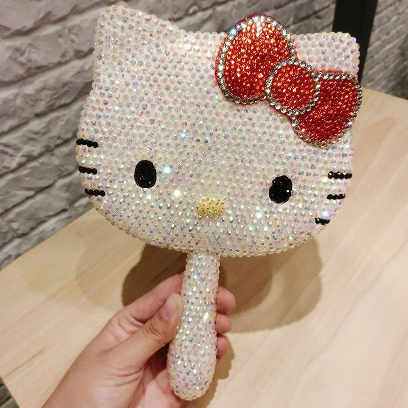 Kawaii Hello Kitty Vanity Mirror Cartoon Shiny Rhinestones Cute Beauty Handheld Mirror Diamond Pink Flip Lovely Birthday Gifts