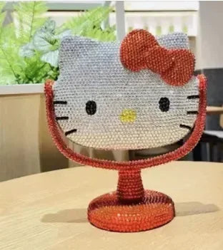 Kawaii Hello Kitty Vanity Mirror Cartoon Shiny Rhinestones Cute Beauty Handheld Mirror Diamond Pink Flip Lovely Birthday Gifts