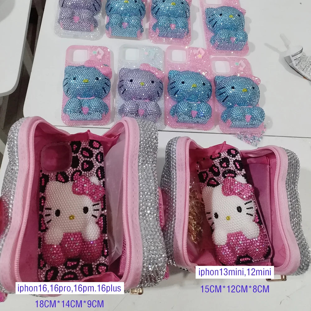 Hello Kitty Rhinestone Bling Leather Storage Case for Wired Headphones, Earphone, USB Cable, Cell Phones, Charger, Girl Gift Bag