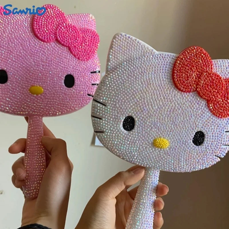 Kawaii Hello Kitty Vanity Mirror Cartoon Shiny Rhinestones Cute Beauty Handheld Mirror Diamond Pink Flip Lovely Birthday Gifts