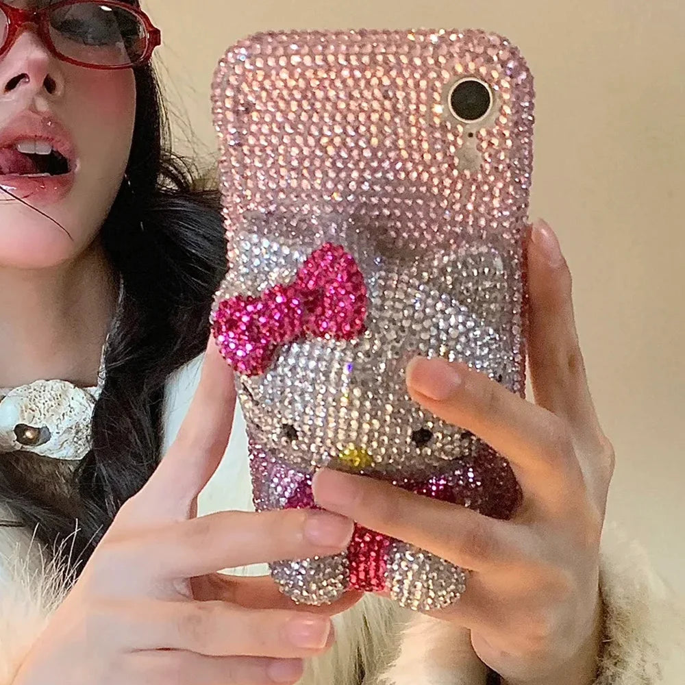 Hello Kitty Rhinestone Bling Crystal Phone Case Chain For iPhone17 16 15 14 13 12 11Pro Max X Xs XR 7 8 Plus Transparent Bumper