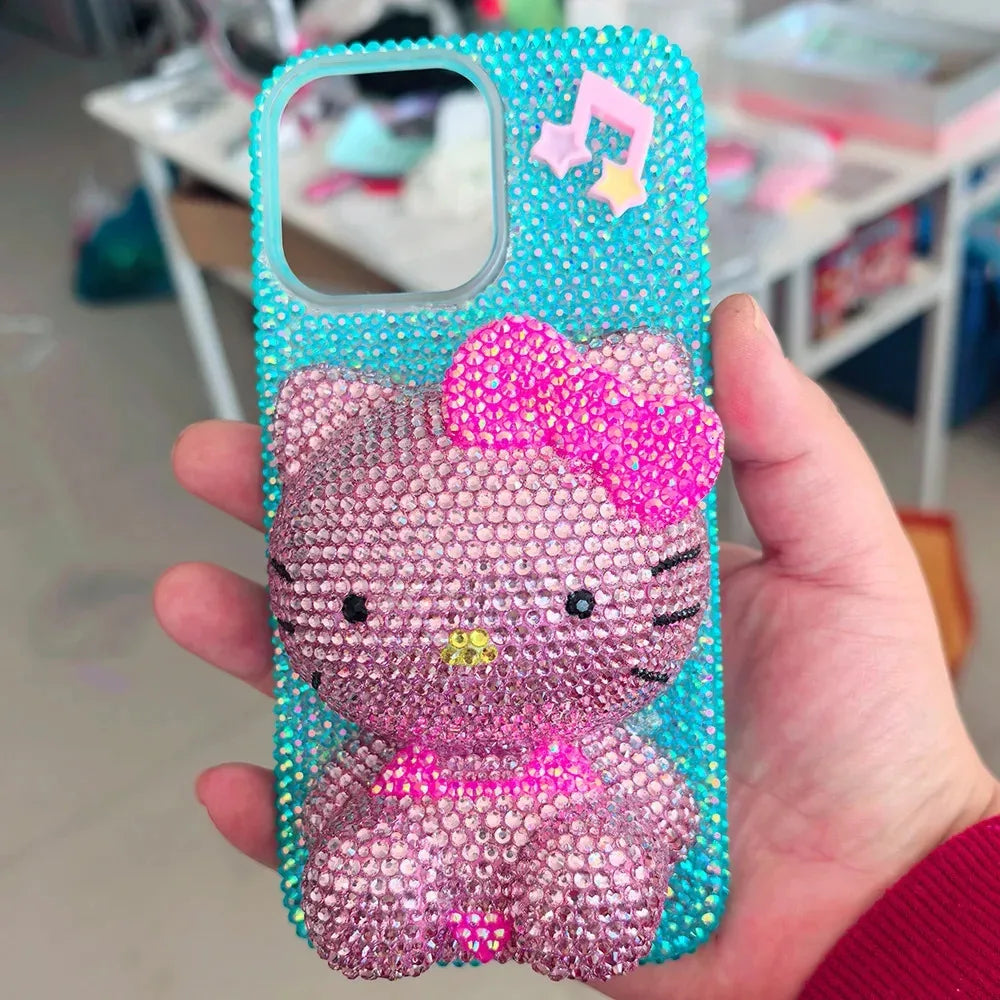 Hello Kitty Rhinestone Bling Crystal Phone Case Chain For iPhone17 16 15 14 13 12 11Pro Max X Xs XR 7 8 Plus Transparent Bumper