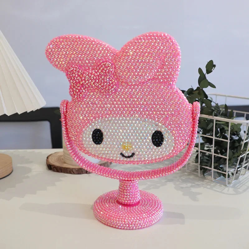 Kawaii Hello Kitty Vanity Mirror Cartoon Shiny Rhinestones Cute Beauty Handheld Mirror Diamond Pink Flip Lovely Birthday Gifts