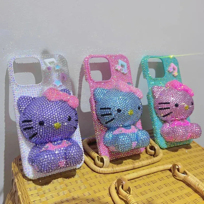 Hello Kitty Rhinestone Bling Crystal Phone Case Chain For iPhone17 16 15 14 13 12 11Pro Max X Xs XR 7 8 Plus Transparent Bumper