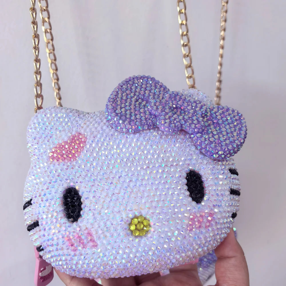 Hello Kitty Rhinestone Bling Leather Storage Case for Wired Headphones, Earphone, USB Cable, Cell Phones, Charger, Girl Gift Bag