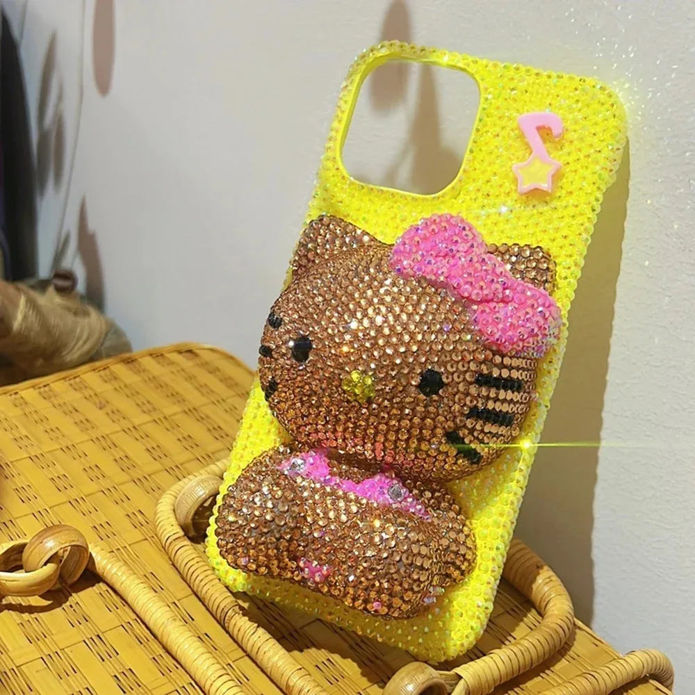 Hello Kitty Rhinestone Bling Crystal Phone Case Chain For iPhone17 16 15 14 13 12 11Pro Max X Xs XR 7 8 Plus Transparent Bumper