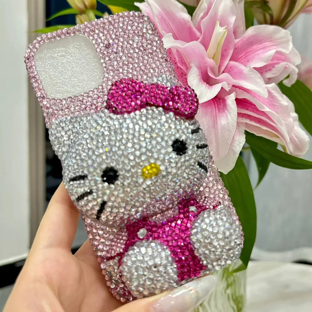 Hello Kitty Rhinestone Bling Crystal Phone Case Chain For iPhone17 16 15 14 13 12 11Pro Max X Xs XR 7 8 Plus Transparent Bumper
