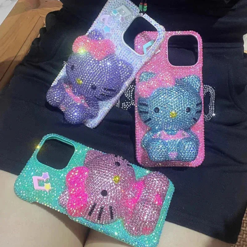 Hello Kitty Rhinestone Bling Crystal Phone Case Chain For iPhone17 16 15 14 13 12 11Pro Max X Xs XR 7 8 Plus Transparent Bumper