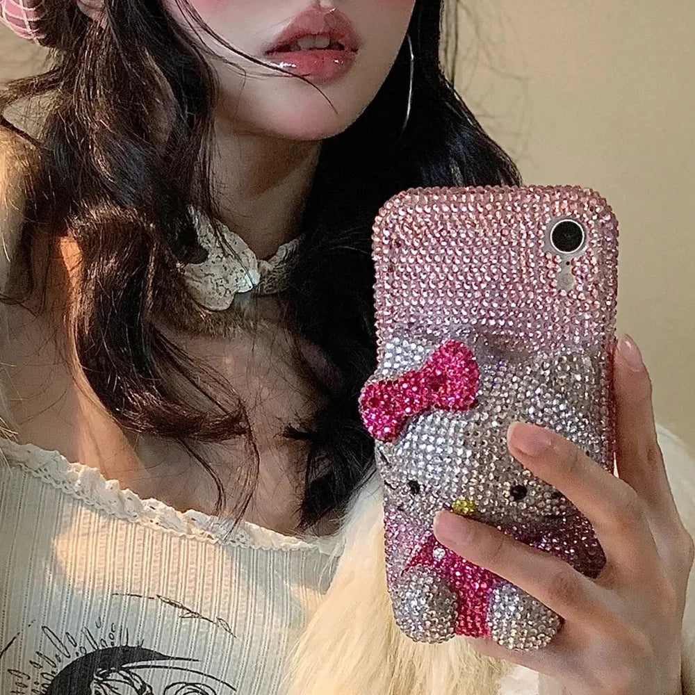 Hello Kitty Rhinestone Bling Crystal Phone Case Chain For iPhone17 16 15 14 13 12 11Pro Max X Xs XR 7 8 Plus Transparent Bumper