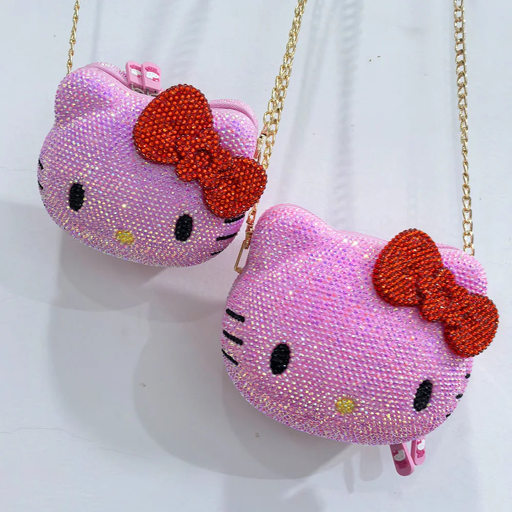 Hello Kitty Rhinestone Bling Leather Storage Case for Wired Headphones, Earphone, USB Cable, Cell Phones, Charger, Girl Gift Bag