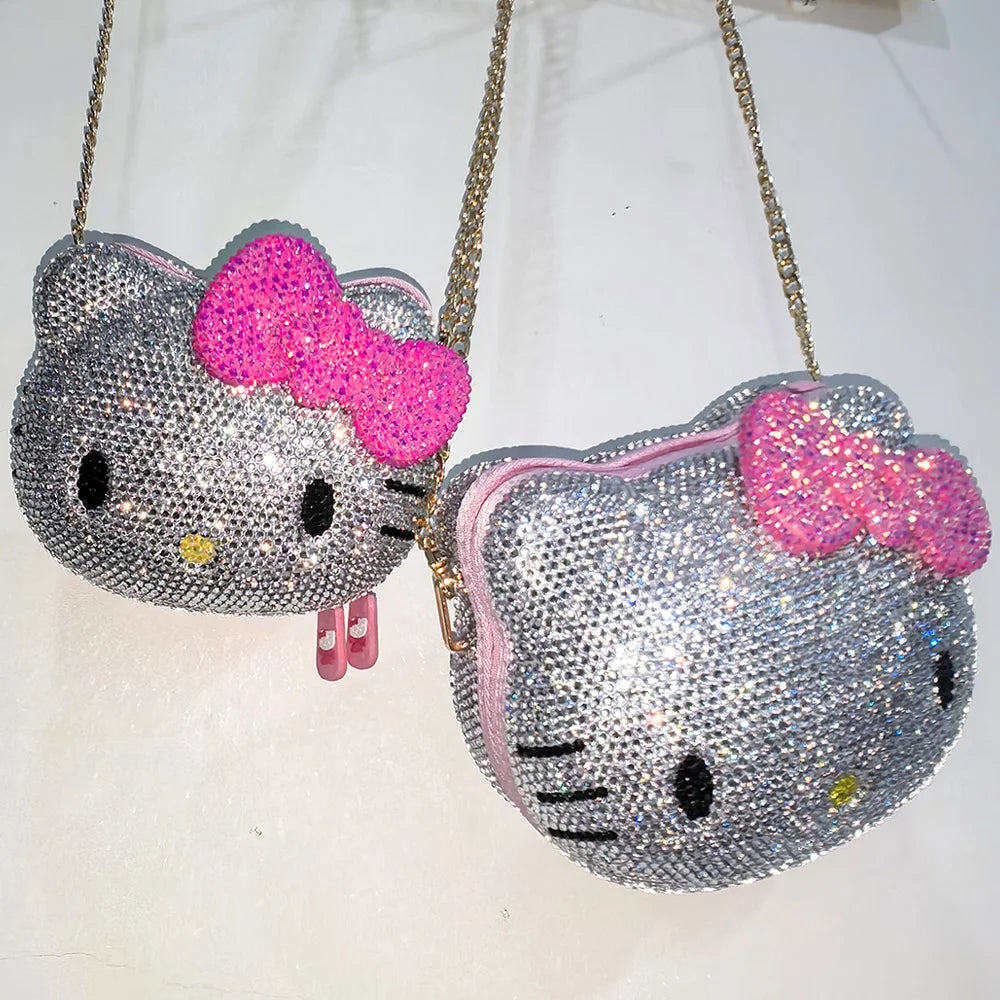 Hello Kitty Rhinestone Bling Leather Storage Case for Wired Headphones, Earphone, USB Cable, Cell Phones, Charger, Girl Gift Bag