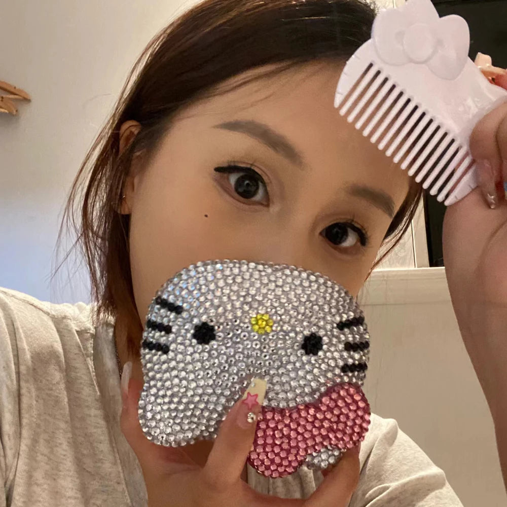 Hello Kitty Shiny Sticking Diamond Makeup Cartoon Lovely Mini Mirrors And Combs Combination Portable Trendy Gift Room Decoration