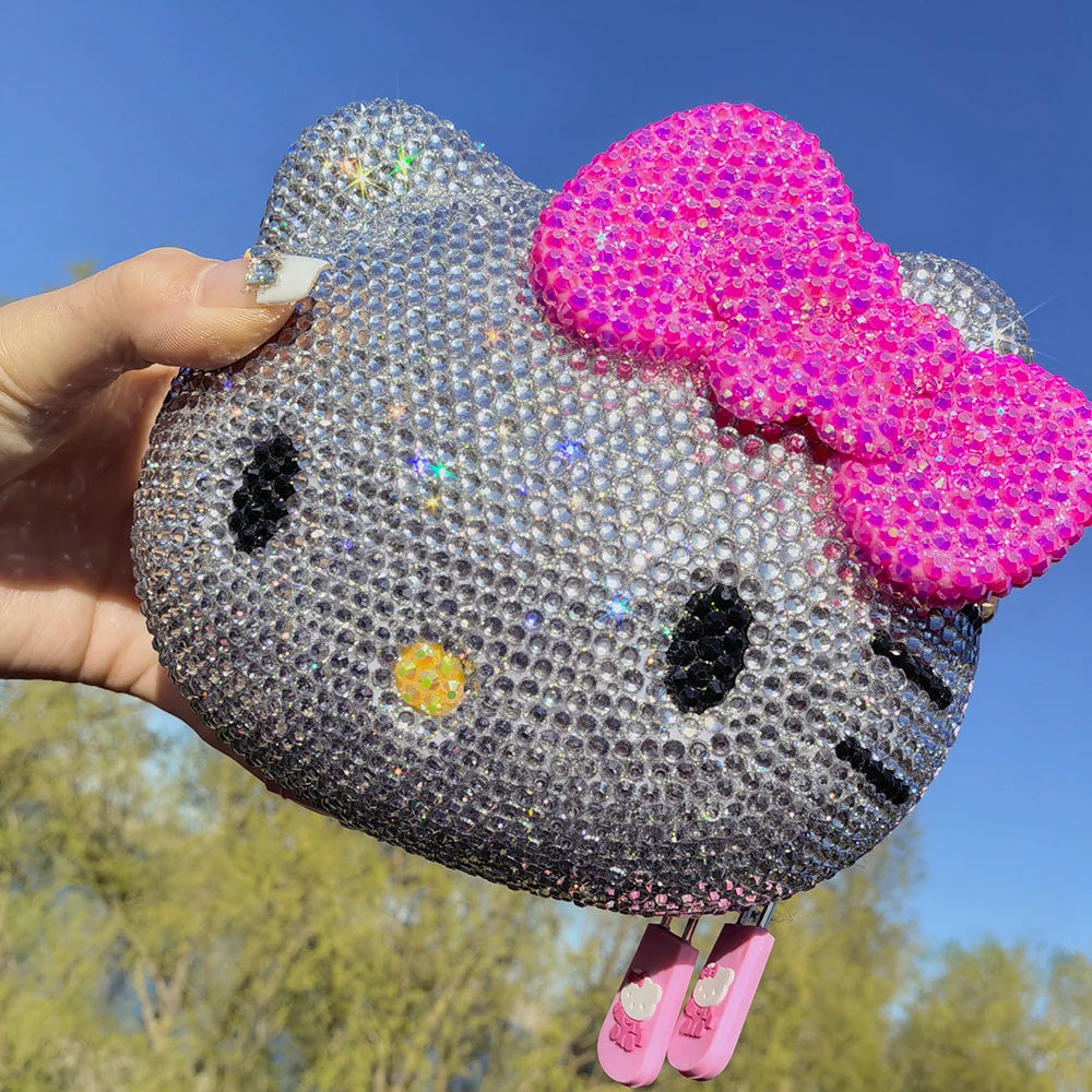 Hello Kitty Rhinestone Bling Leather Storage Case for Wired Headphones, Earphone, USB Cable, Cell Phones, Charger, Girl Gift Bag
