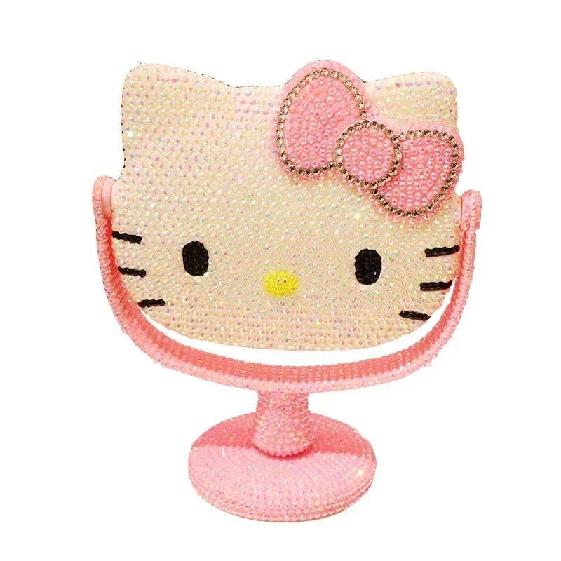 Kawaii Hello Kitty Vanity Mirror Cartoon Shiny Rhinestones Cute Beauty Handheld Mirror Diamond Pink Flip Lovely Birthday Gifts