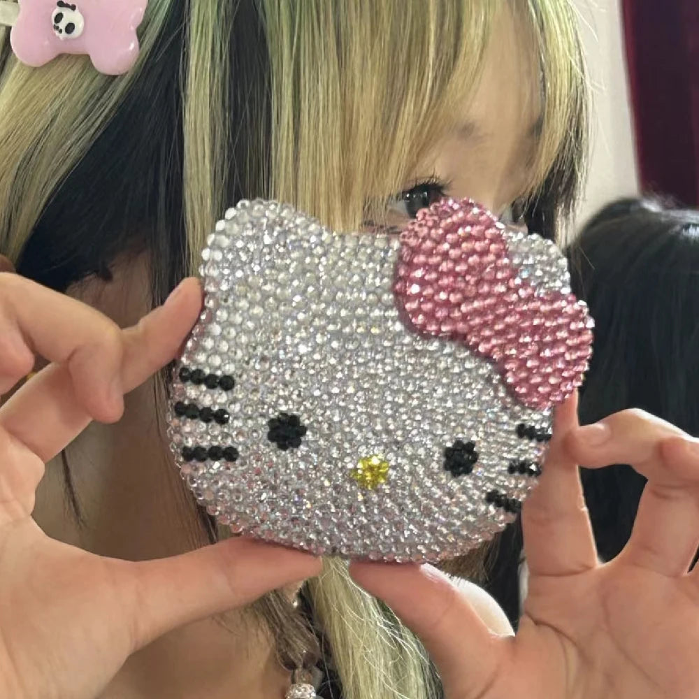 Hello Kitty Shiny Sticking Diamond Makeup Cartoon Lovely Mini Mirrors And Combs Combination Portable Trendy Gift Room Decoration