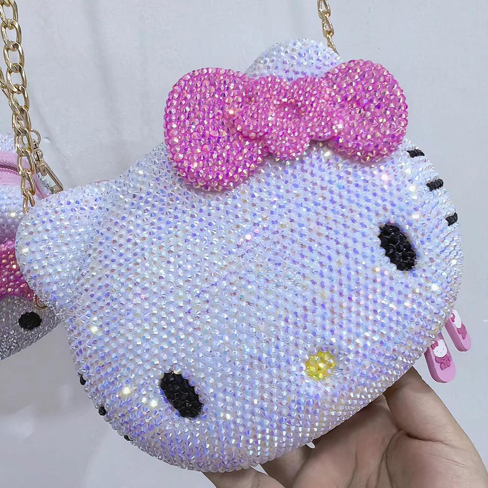 Hello Kitty Rhinestone Bling Leather Storage Case for Wired Headphones, Earphone, USB Cable, Cell Phones, Charger, Girl Gift Bag