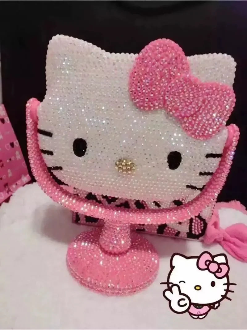 Kawaii Hello Kitty Vanity Mirror Cartoon Shiny Rhinestones Cute Beauty Handheld Mirror Diamond Pink Flip Lovely Birthday Gifts