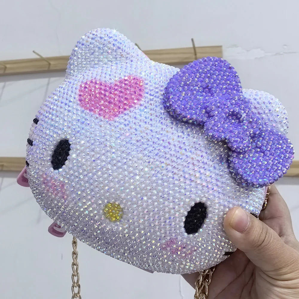 Hello Kitty Rhinestone Bling Leather Storage Case for Wired Headphones, Earphone, USB Cable, Cell Phones, Charger, Girl Gift Bag