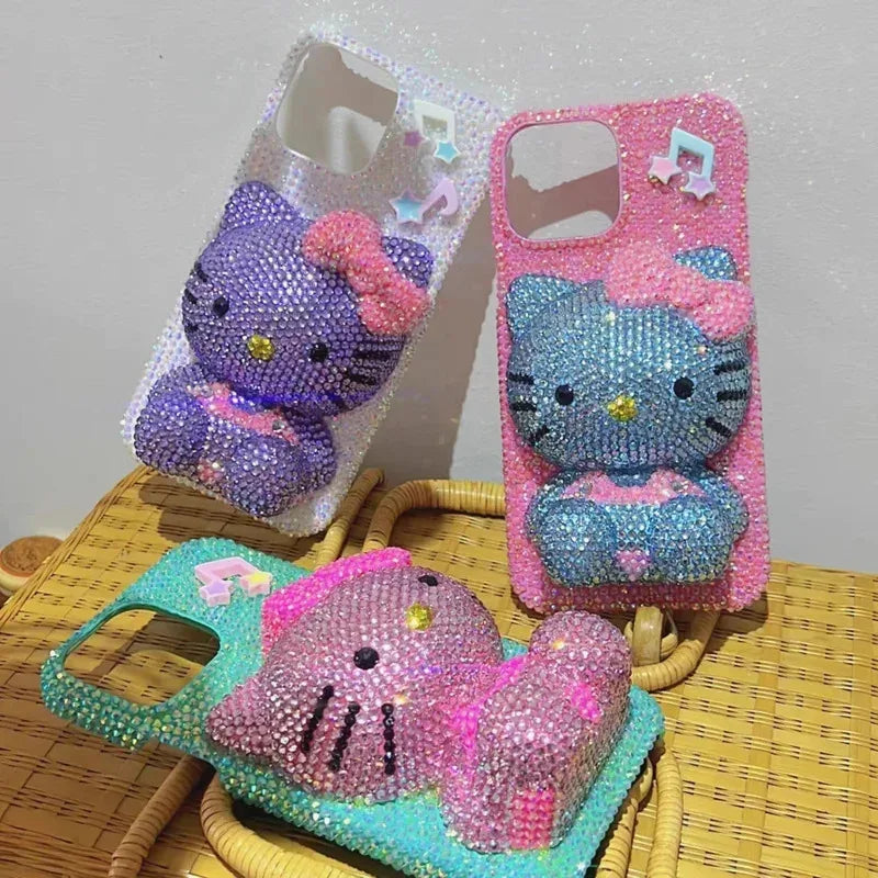 Hello Kitty Rhinestone Bling Crystal Phone Case Chain For iPhone17 16 15 14 13 12 11Pro Max X Xs XR 7 8 Plus Transparent Bumper